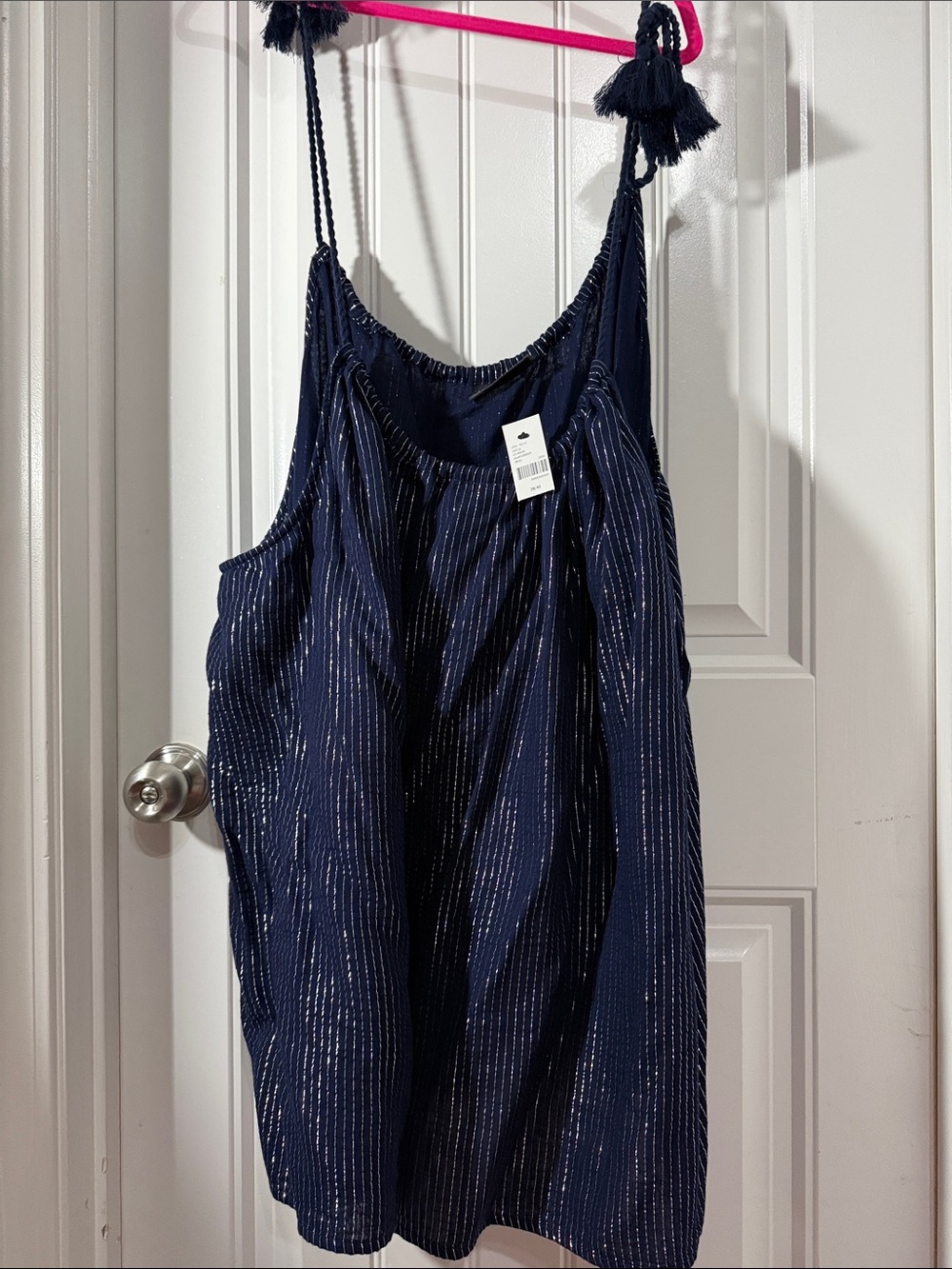 Lane Bryant Navy Metallic Pinstripe Sleep Tank with Tassel Straps